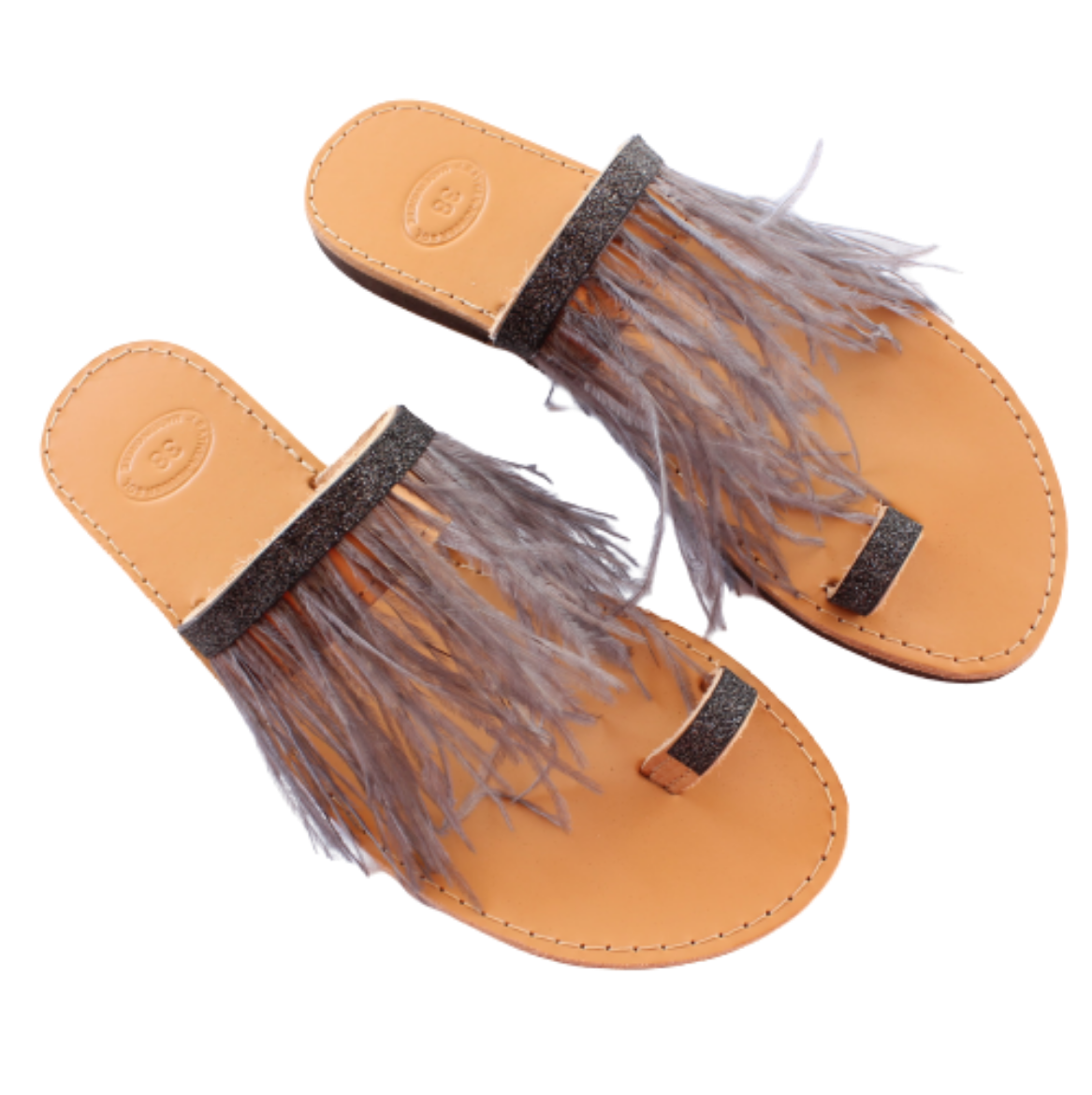 Picture of Handmade woman leather sandals with gray feathers