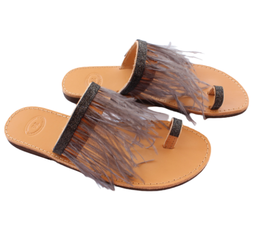 Picture of Handmade woman leather sandals with gray feathers