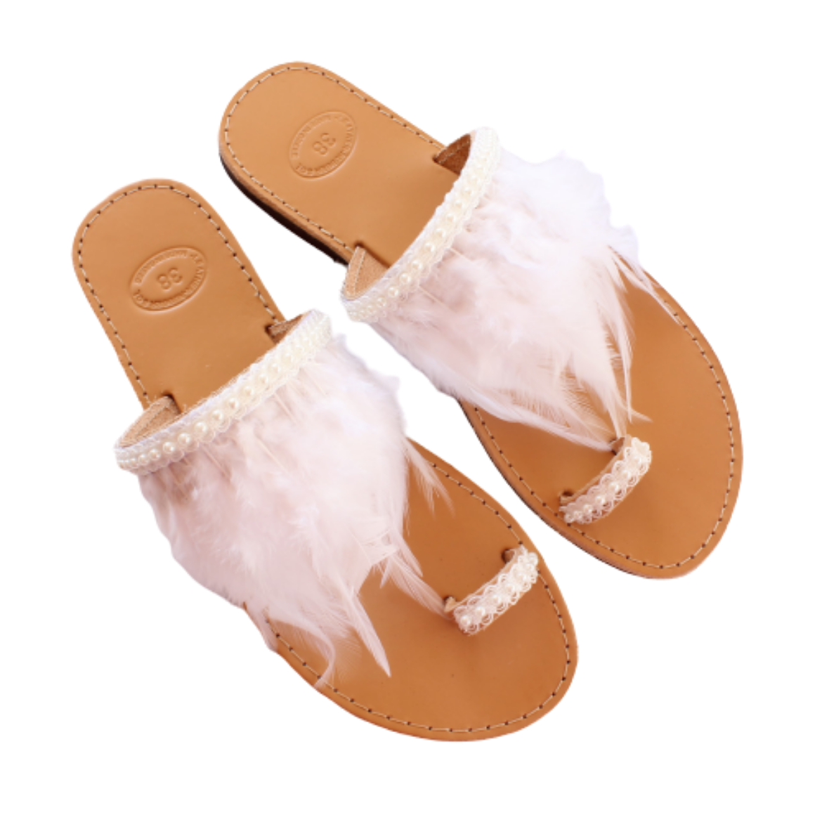 Picture of Handmade woman leather sandals with white feathers