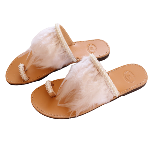 Picture of Handmade woman leather sandals with white feathers