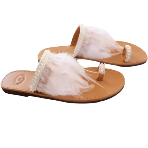 Picture of Handmade woman leather sandals with white feathers