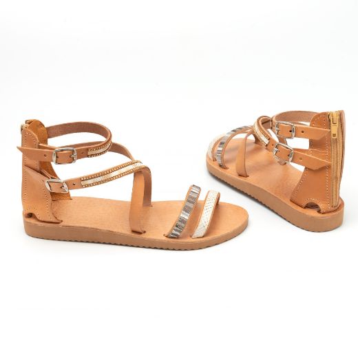 Handmade beige women’s leather sandals with zipper and rhinestones