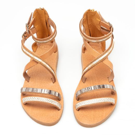 Beige flat leather sandals with gold and beige rhinestone straps