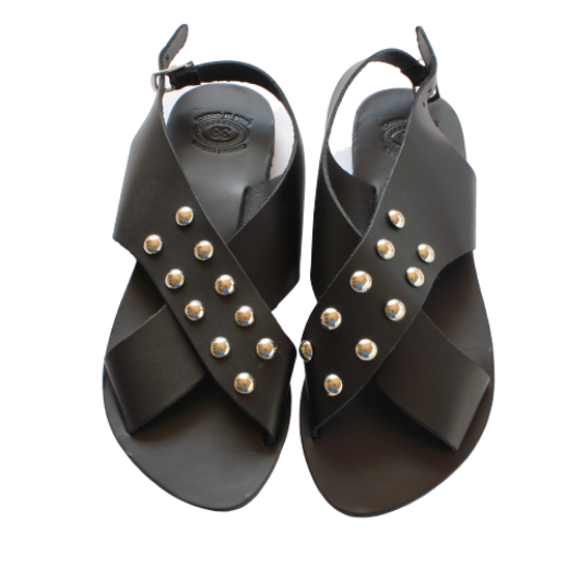 Picture of Handmade crossover black woman leather sandals with studs
