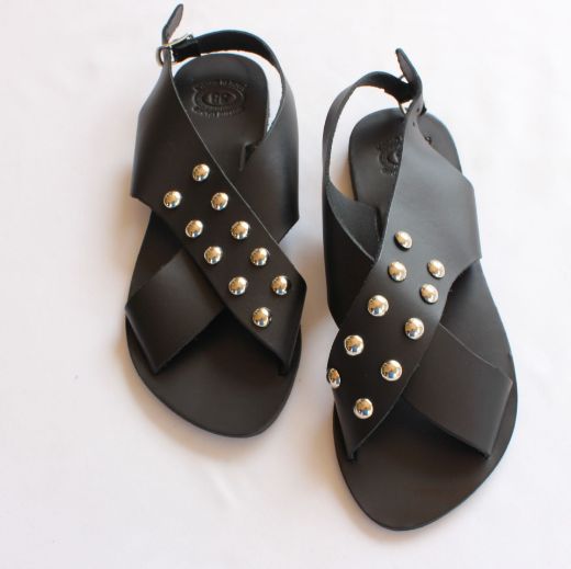 Picture of Handmade crossover black woman leather sandals with studs