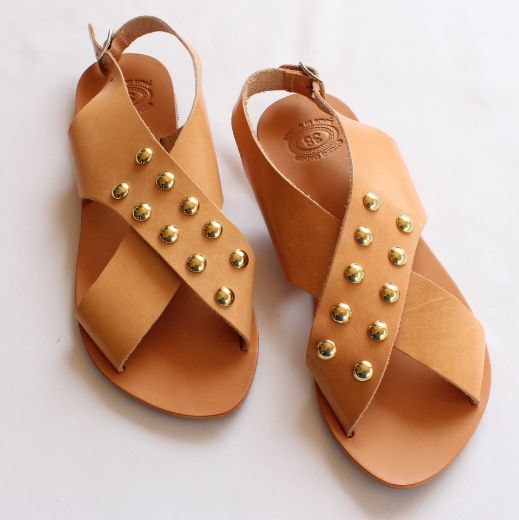Picture of Handmade crossover beige woman leather sandals with studs