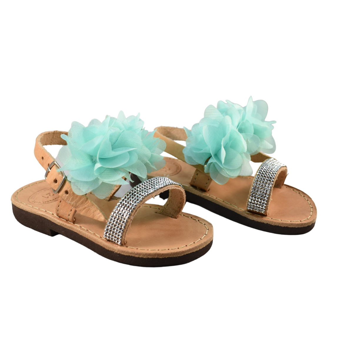 Picture of Ηandmade kids leather sandals with mint flowers