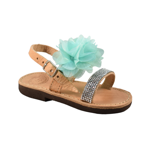 Handmade kids leather sandals with mint flowers