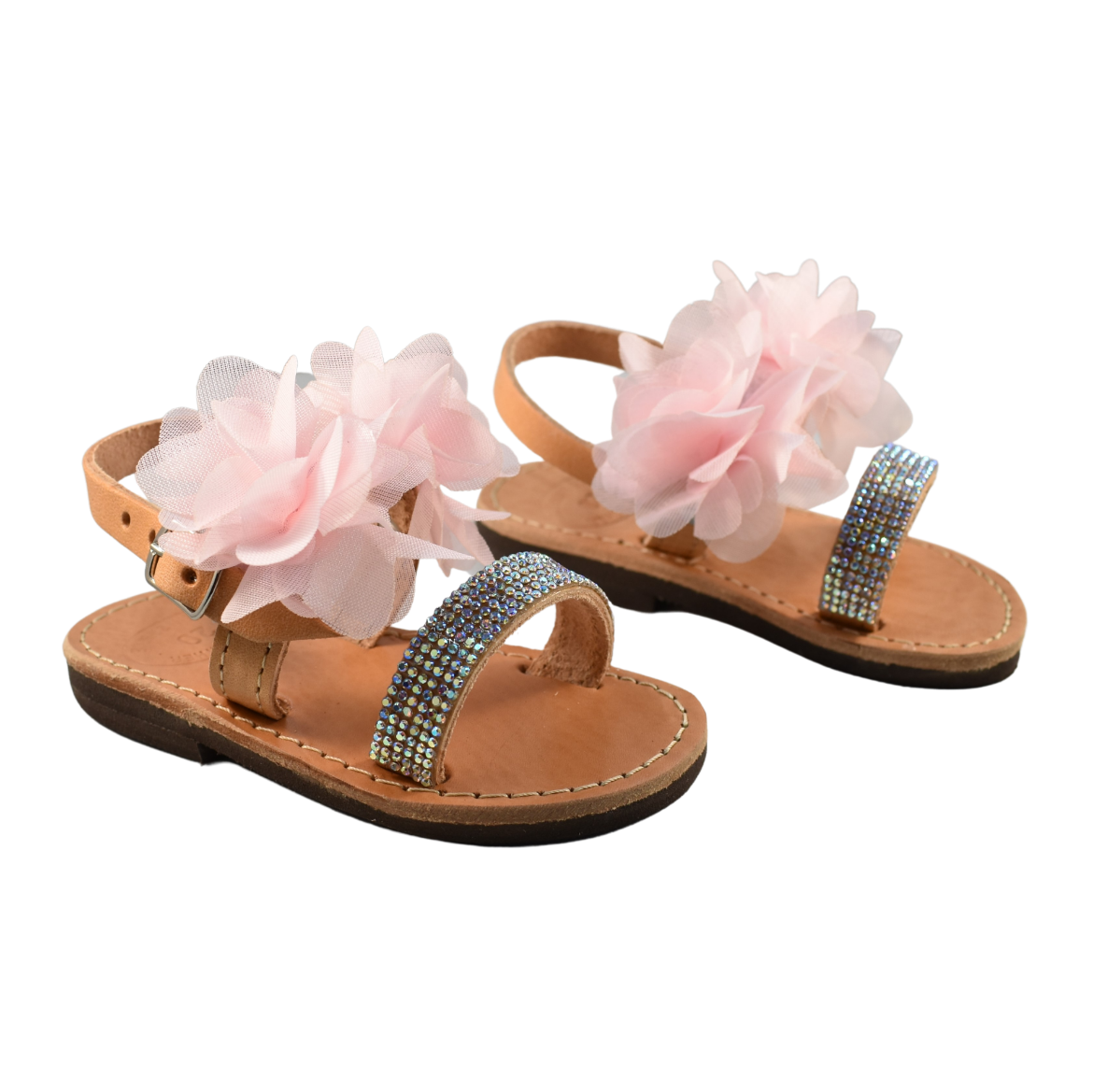 Picture of Handmade kids leather sandals with pink flowers