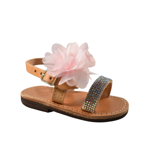 Picture of Handmade kids leather sandals with pink flowers