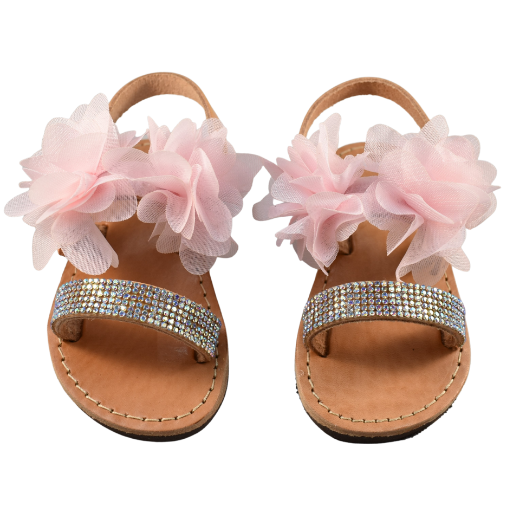 Picture of Handmade kids leather sandals with pink flowers