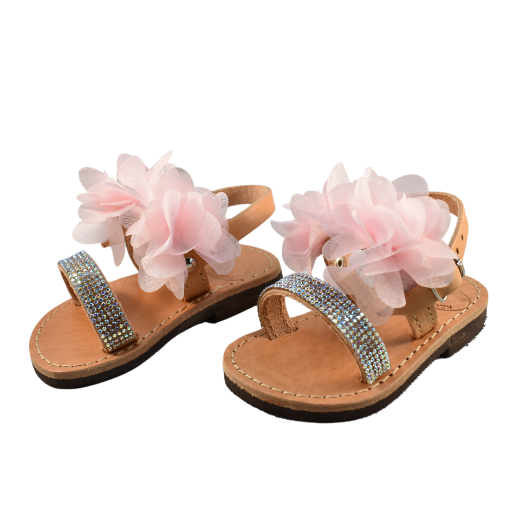 Picture of Handmade kids leather sandals with pink flowers