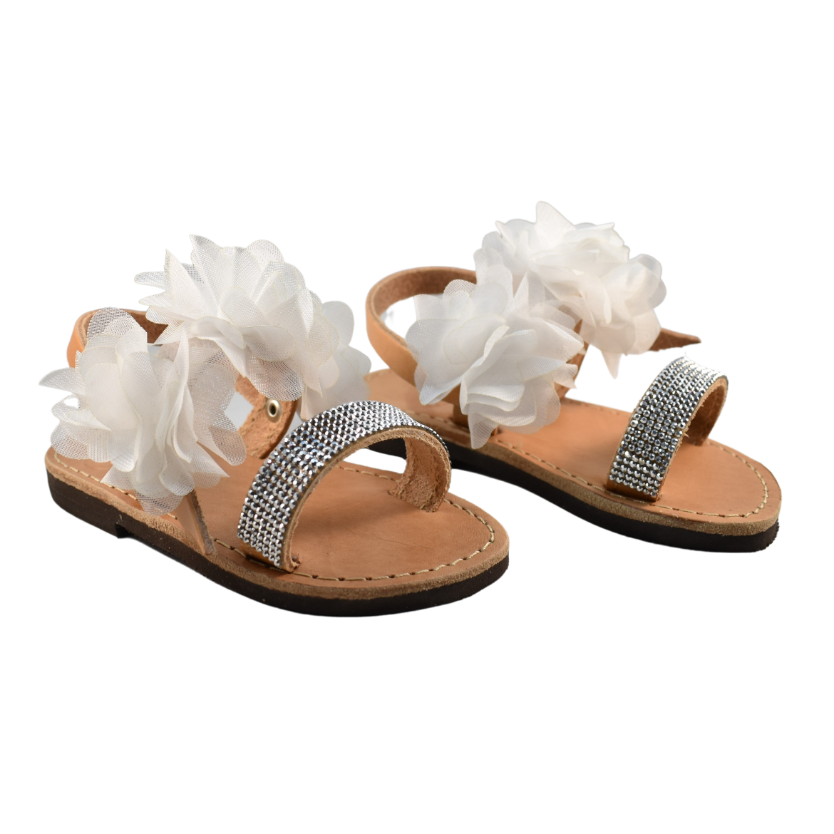 Picture of Handmade leather sandals for kids with white flowers