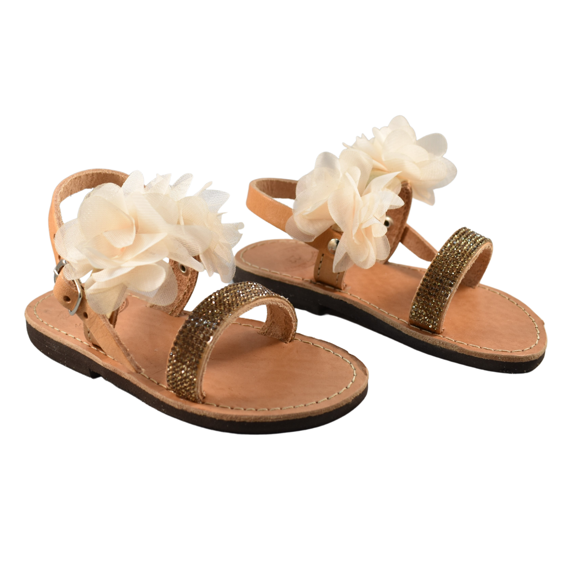 Picture of Ηandmade kids leather sandals with ivory flowers
