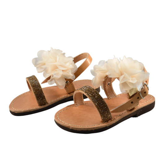 Picture of Ηandmade kids leather sandals with ivory flowers