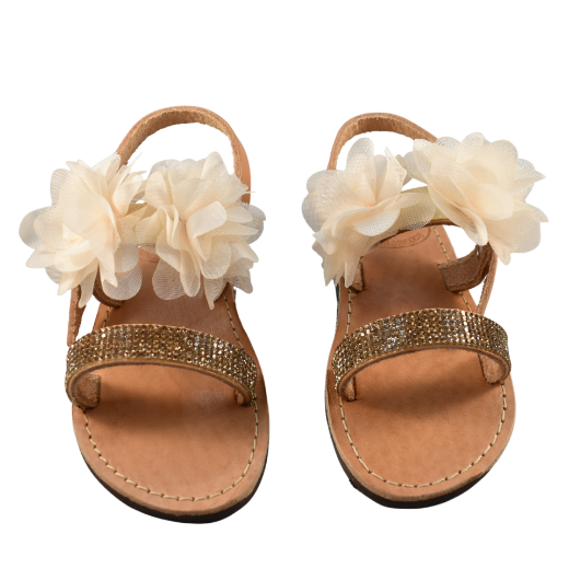 Girls leather sandals with large ivory flowers