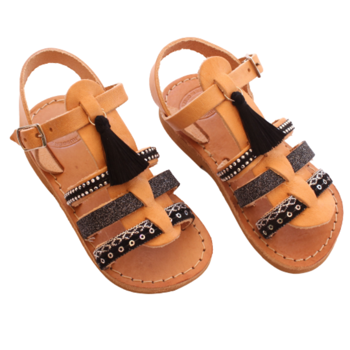 Picture of Kids leather sandals gladiator black with tassels