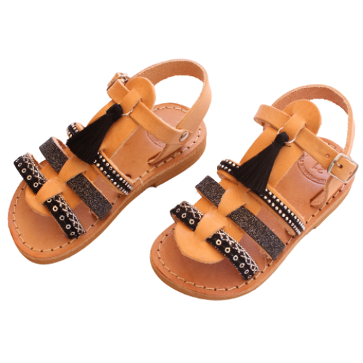 Picture of Kids leather sandals gladiator black with tassels