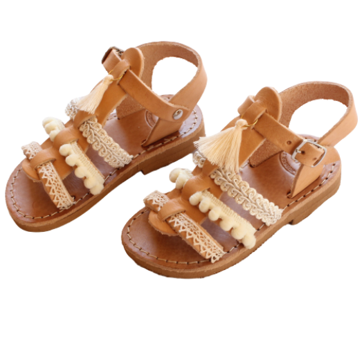 Picture of Kids leather sandals gladiator ivory with tassels