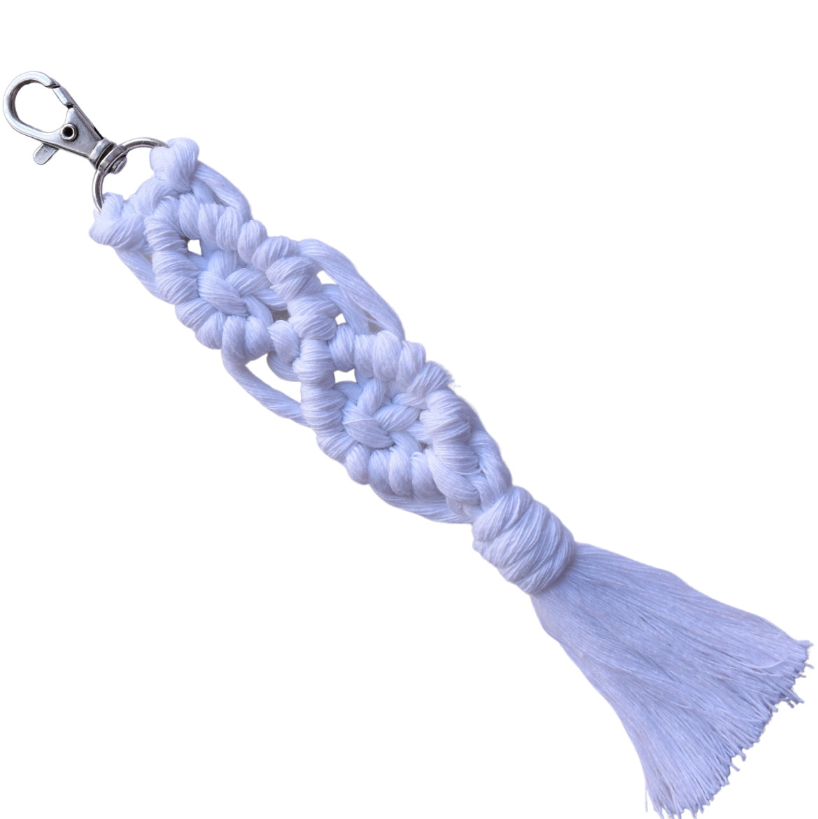 Handmade white macrame keychain with lobster clasp