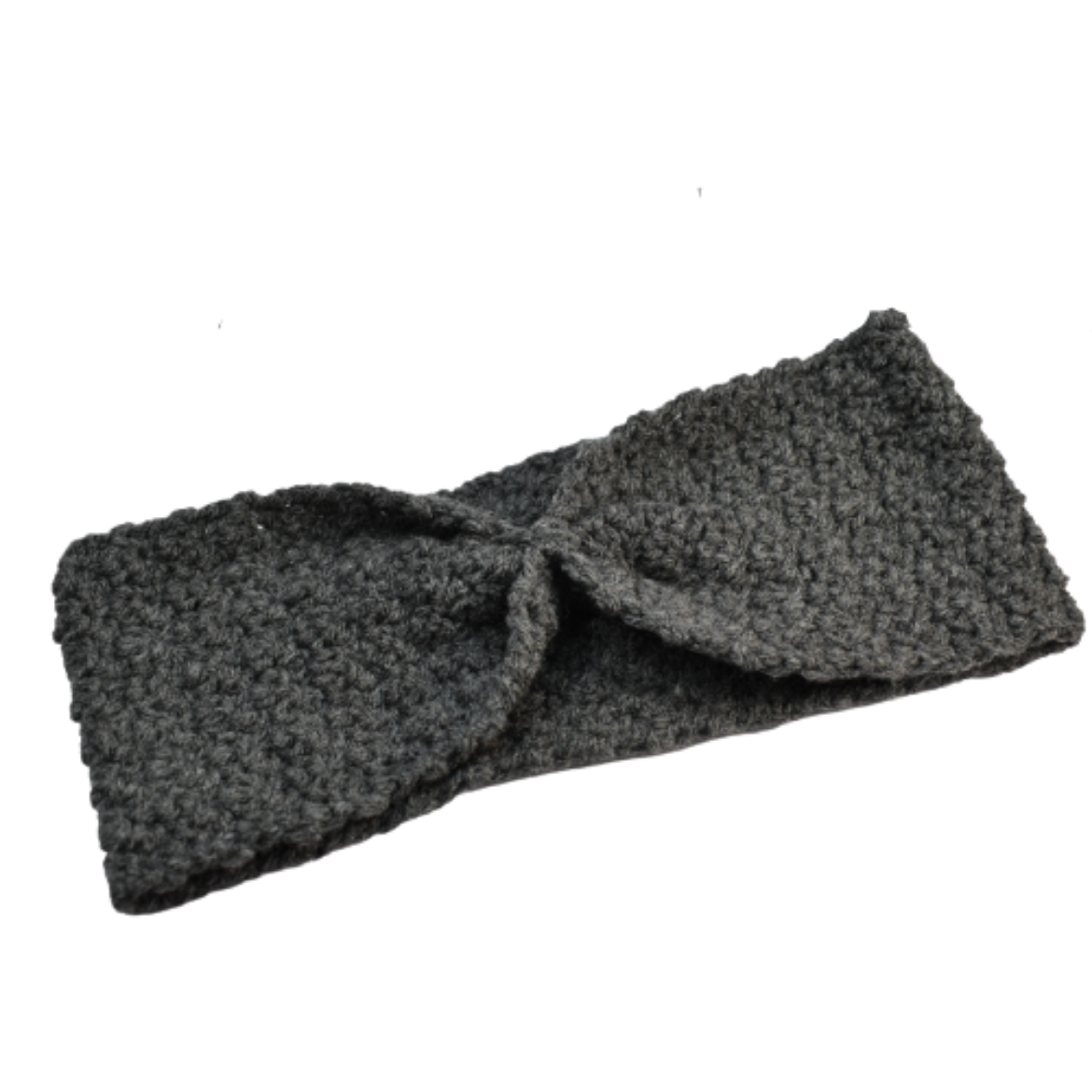 Handmade crochet headband with gathered front in dark gray