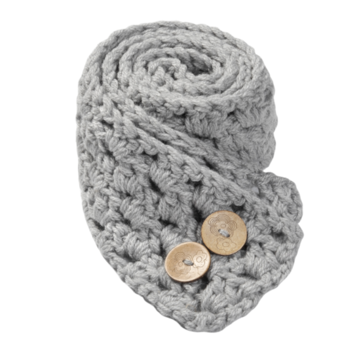 Handmade light gray crochet scarf with buttons