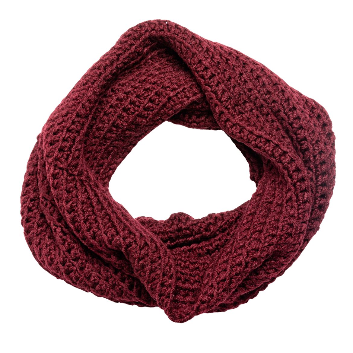 Handmade wide single-loop crochet cowl in burgundy