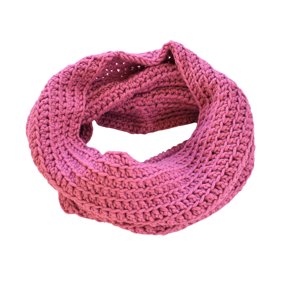 Handmade wide single-loop crochet cowl in dusty pink