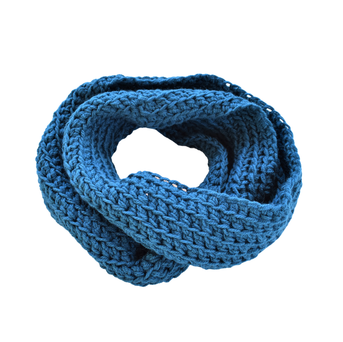 Handmade open-stitch crochet infinity scarf in petrol blue
