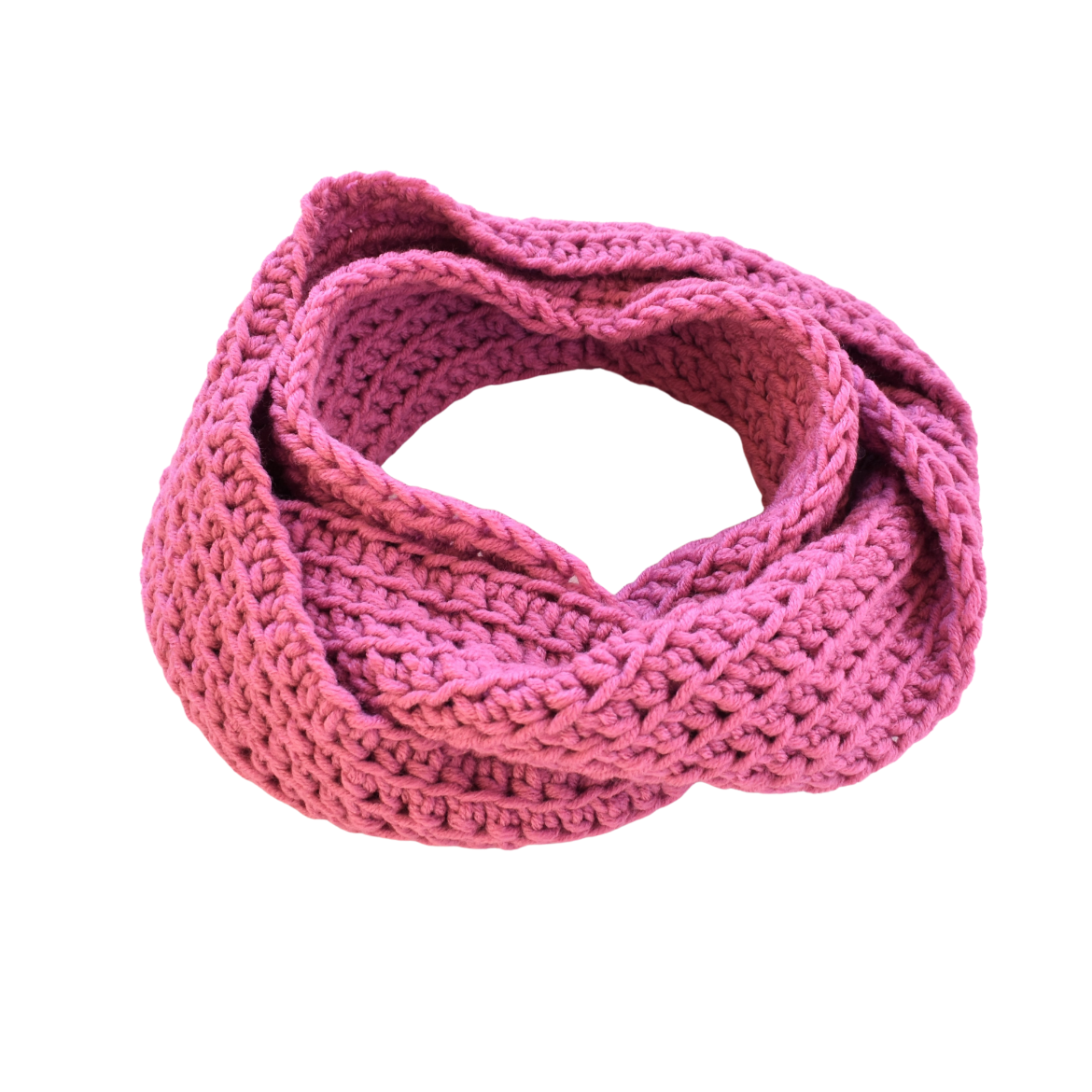Handmade open-stitch crochet infinity scarf in dusty pink