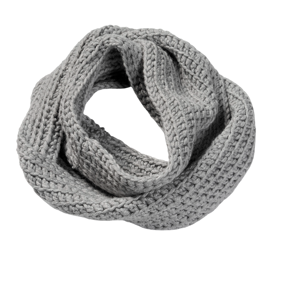 Handmade open-stitch crochet infinity scarf in light gray