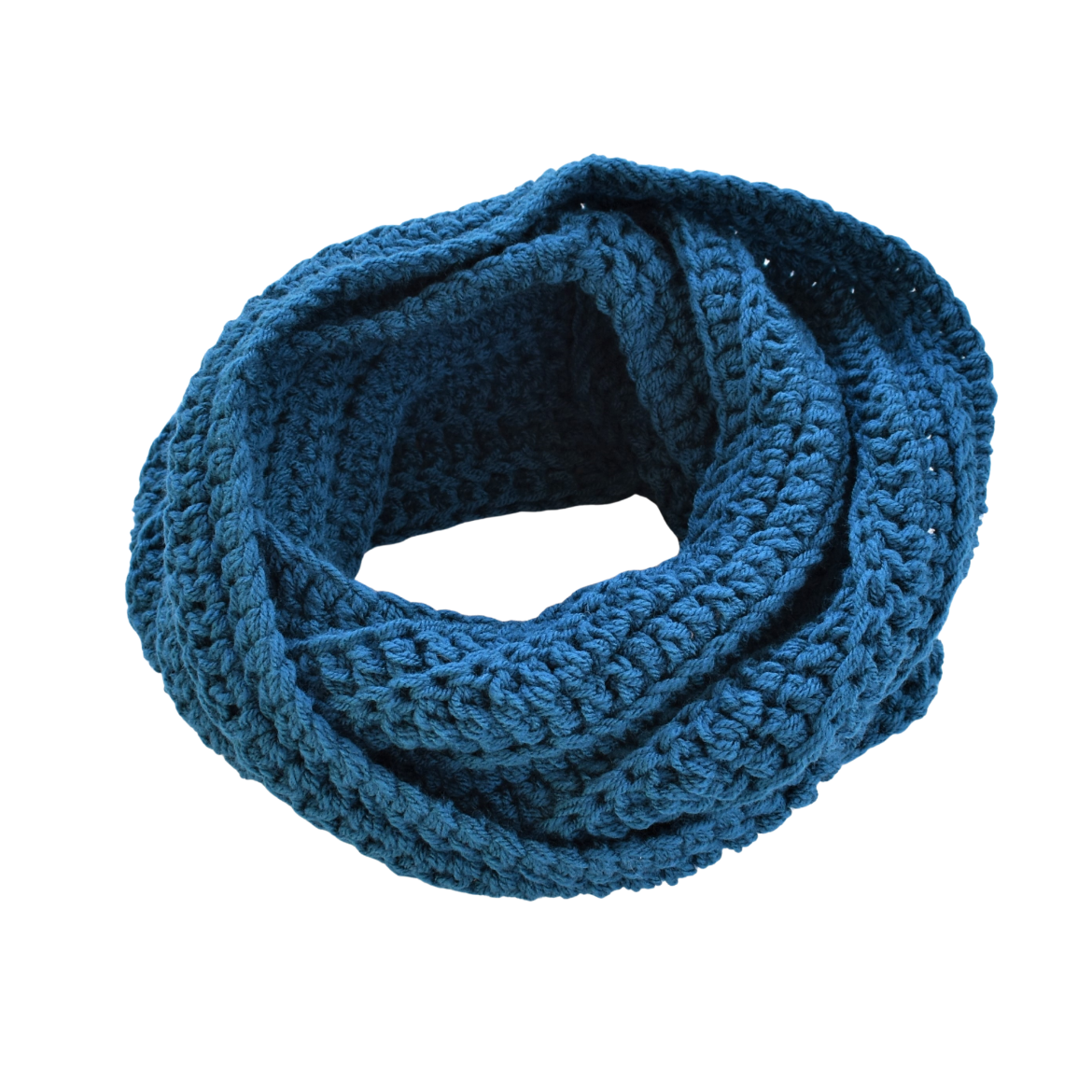 Handmade textured crochet infinity scarf in petrol blue