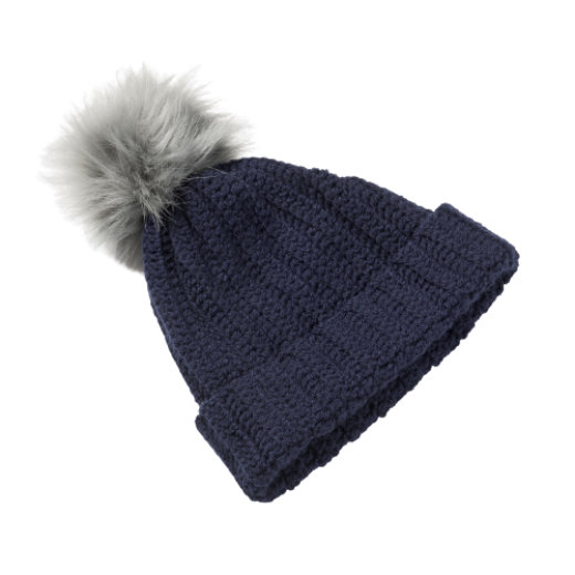 Picture of Handmade crochet beanie with detachable faux fur pom in navy blue