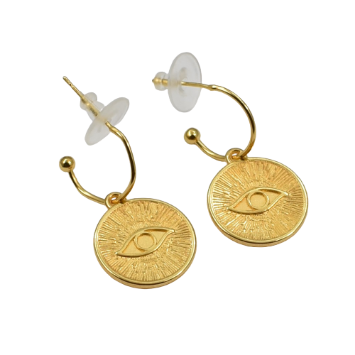 Medium gold tone hoops with evil eye