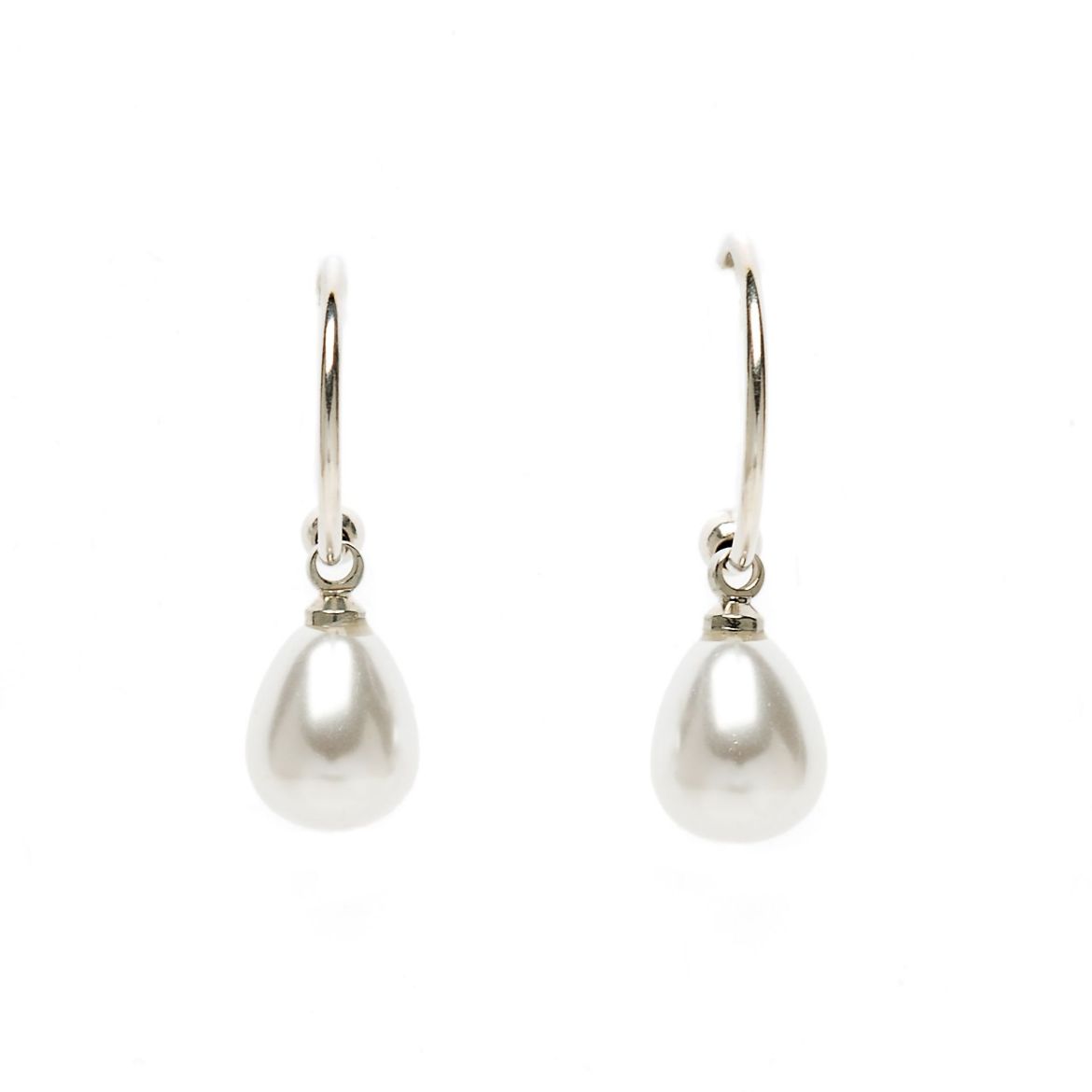 Small silver tone hoops with hanging pearl