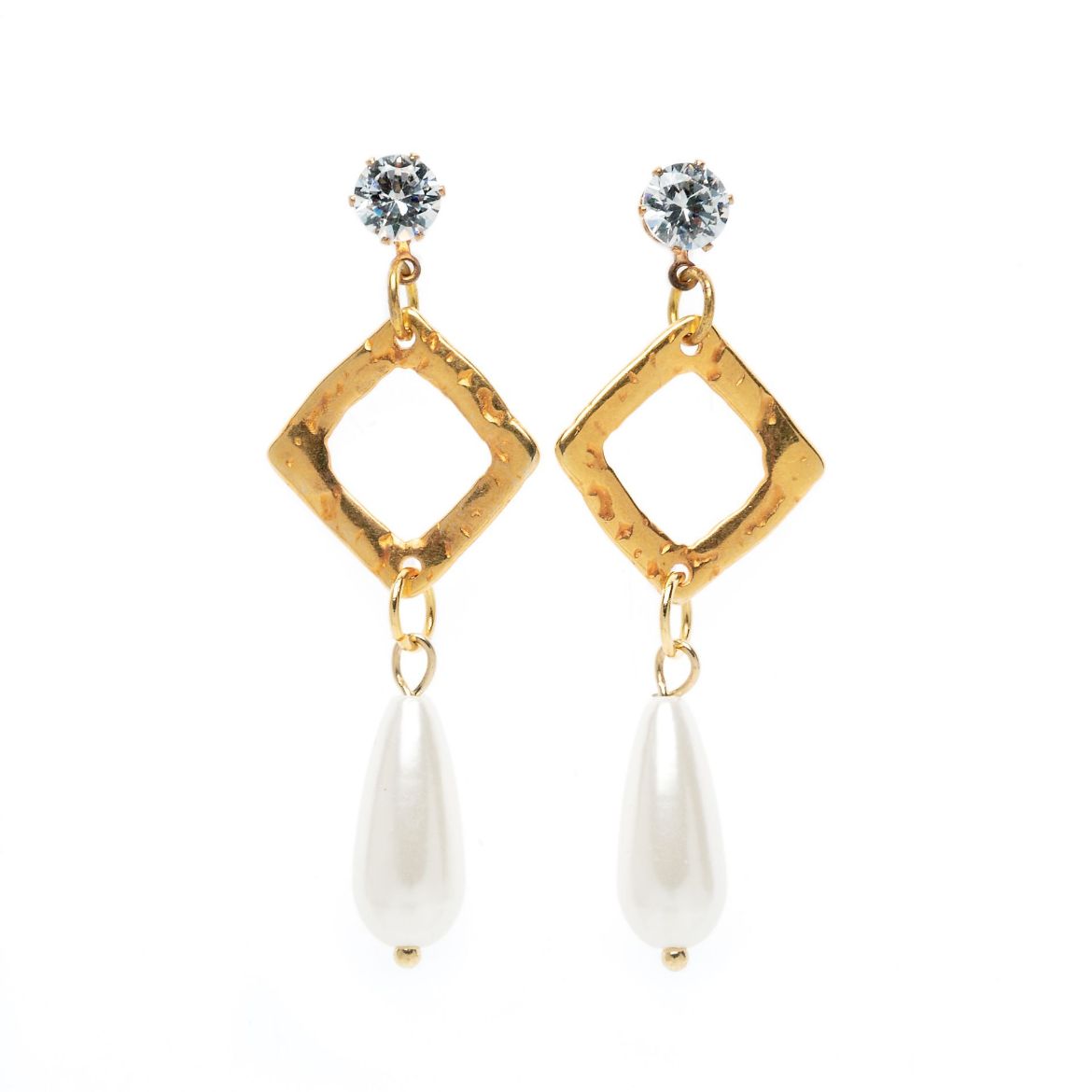 Picture of Stud earrings with metallic rhombus, zircon and artificial pearl