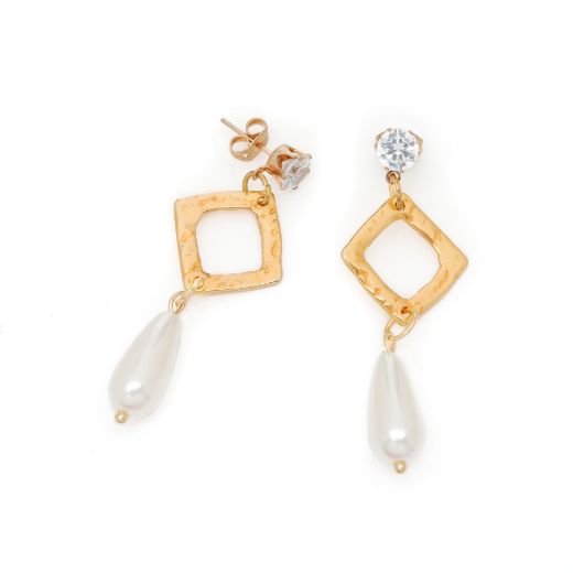 Picture of Stud earrings with metallic rhombus, zircon and artificial pearl