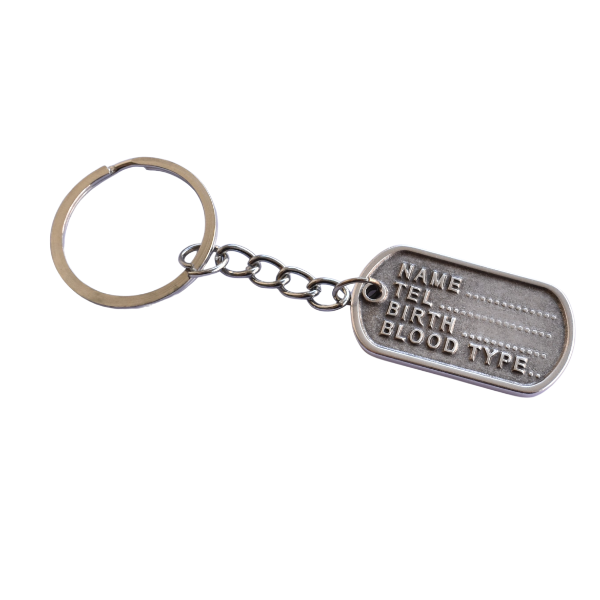 Handmade silver-tone metal ID tag keychain with round key ring and chain