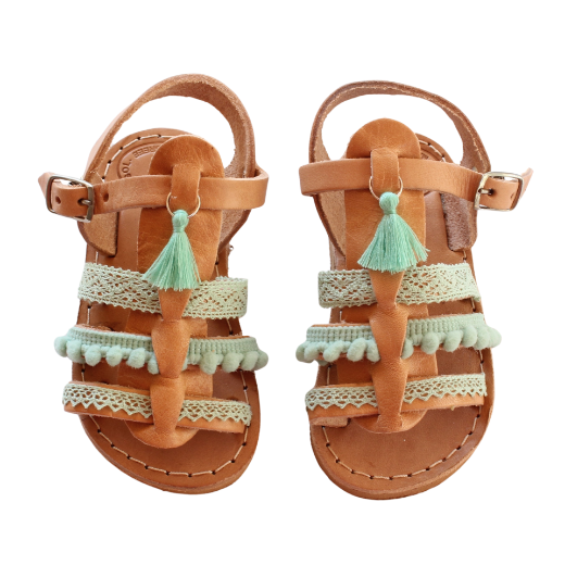 Kids leather gladiator sandals mint with tassels