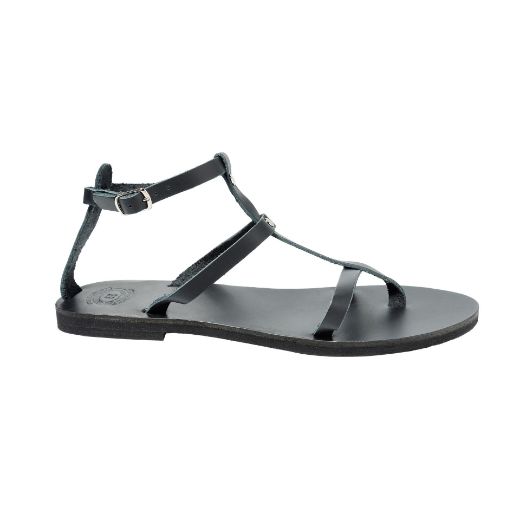 black women's leather strappy flat sandals