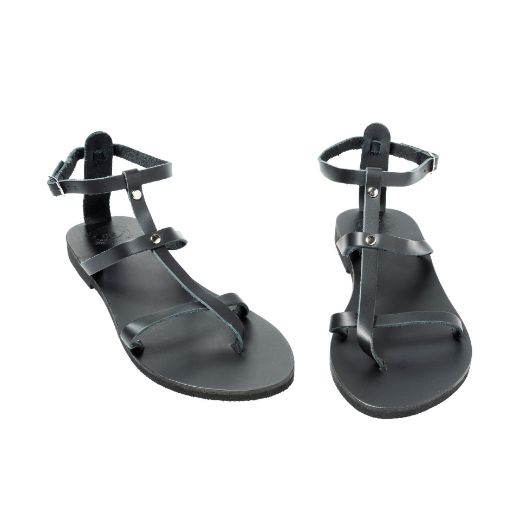 Handmade black leather ankle strap sandals for women