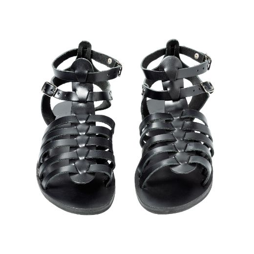 Handmade black leather strappy sandals for women