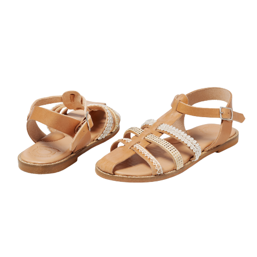 Picture of Handmade kids leather sandals soft sole beige with rhinestones 