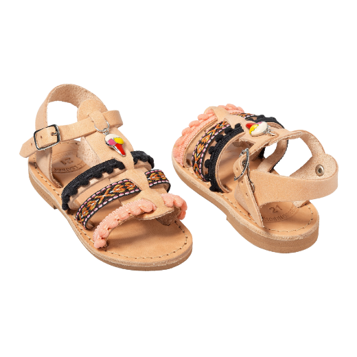 Picture of Handmade girls leather sandals black salmon