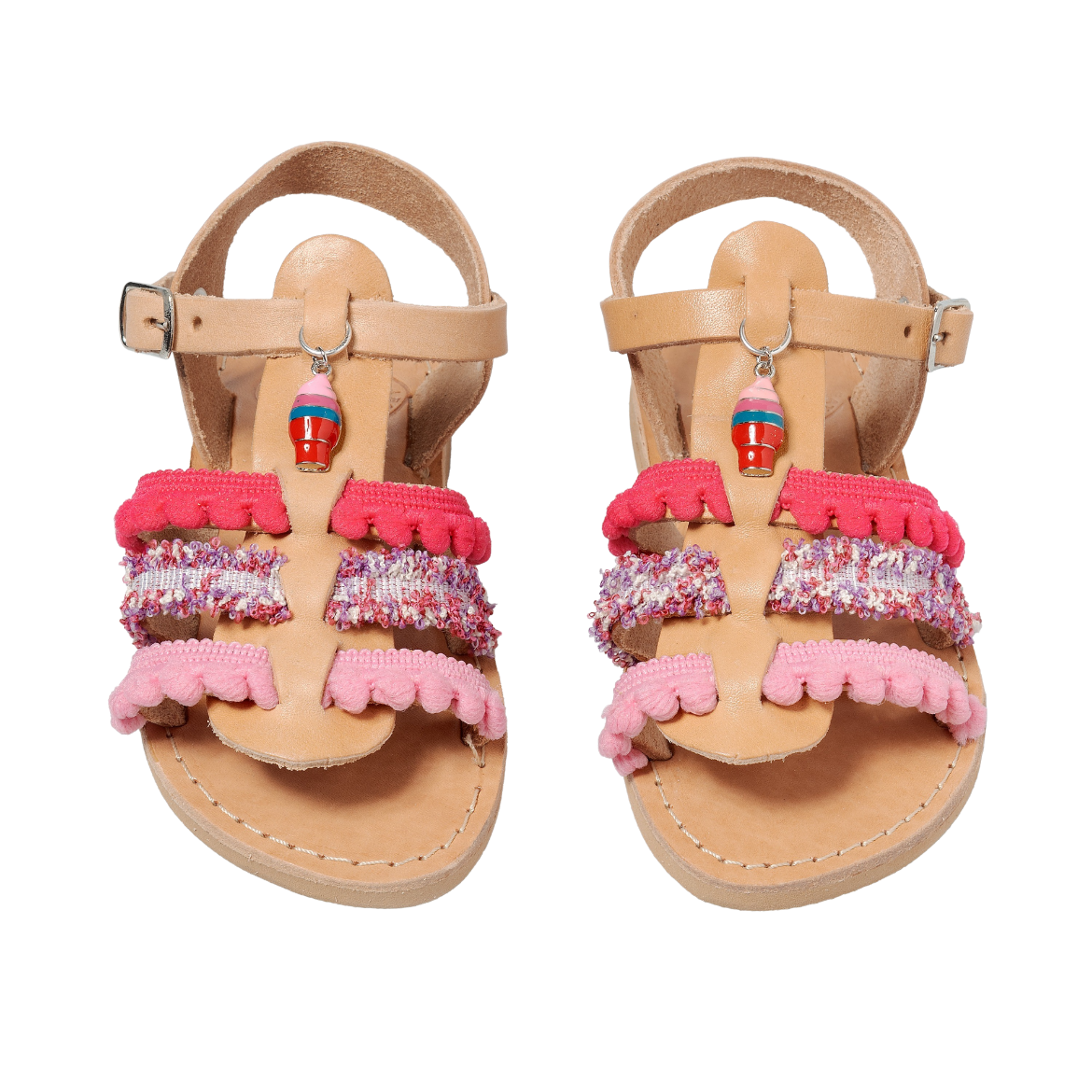 Handmade kids leather sandals pink with decorative details