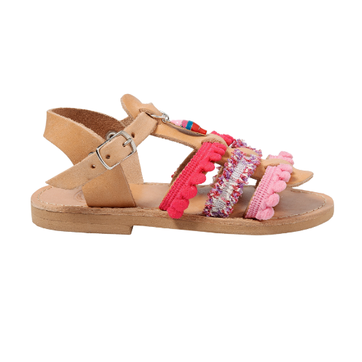 Pink girls leather sandals with woven handmade design