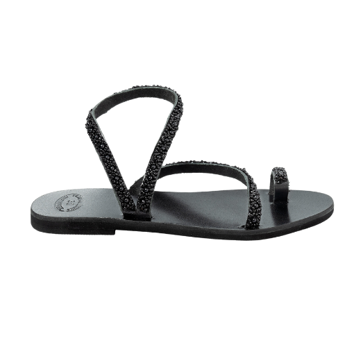 A black sandal with two upper straps, one plain and the other textured, and a loop for the toe.