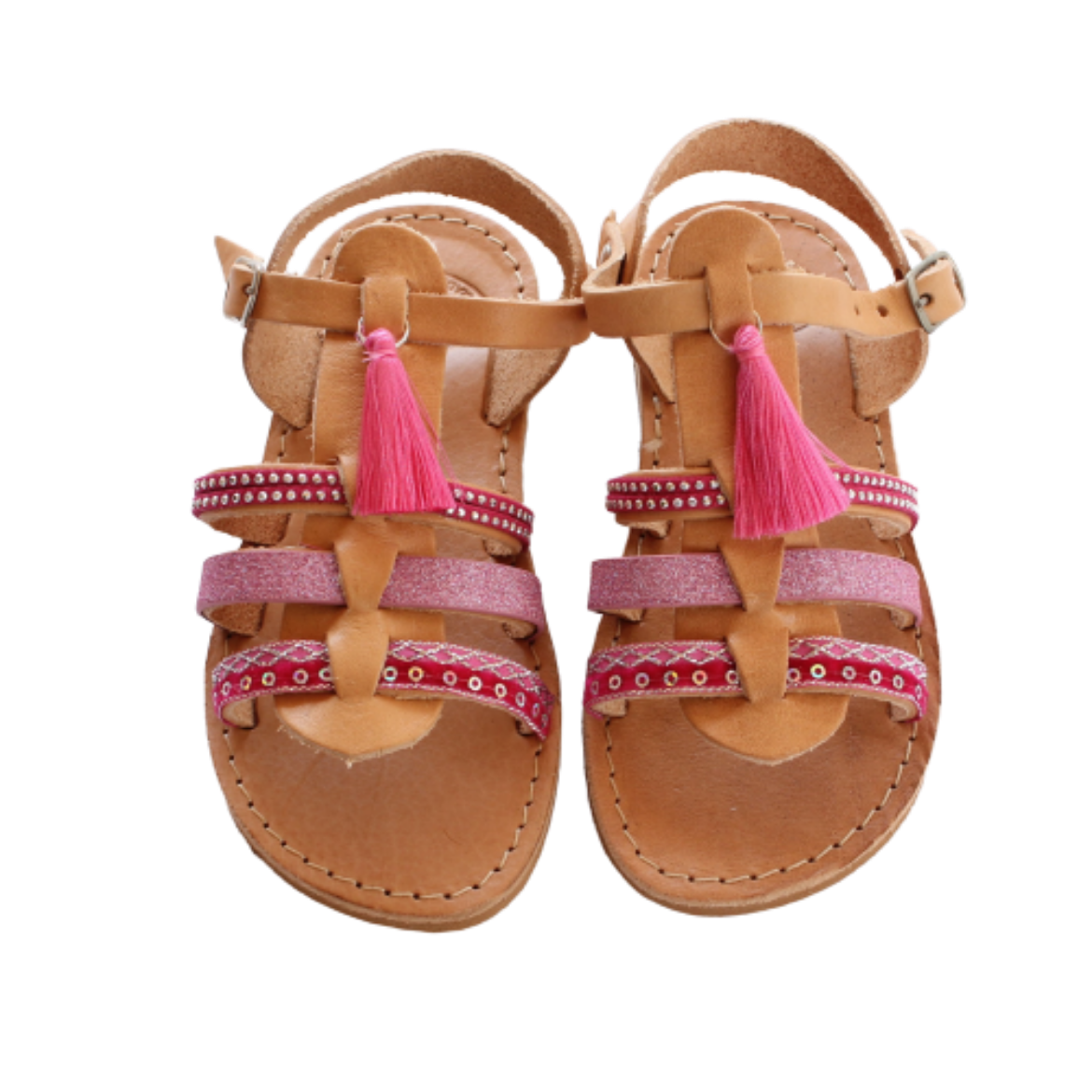 Picture of Kids leather sandals gladiator fuchsia with tassels No 38