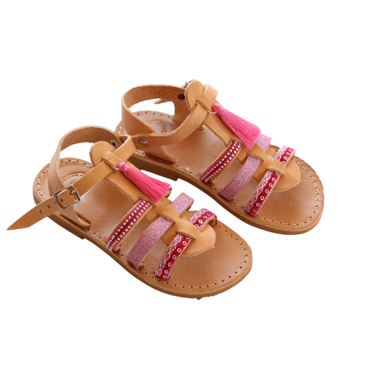 Picture of Kids leather sandals gladiator fuchsia with tassels No 38
