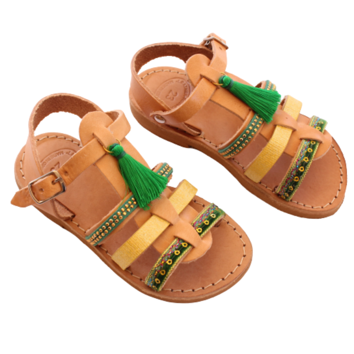 Picture of Kids leather sandals gladiator green with tassels No 27, 32